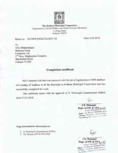 Computer lab earned another certificate from Kolkata Municipal corp in 2018 for project completion.